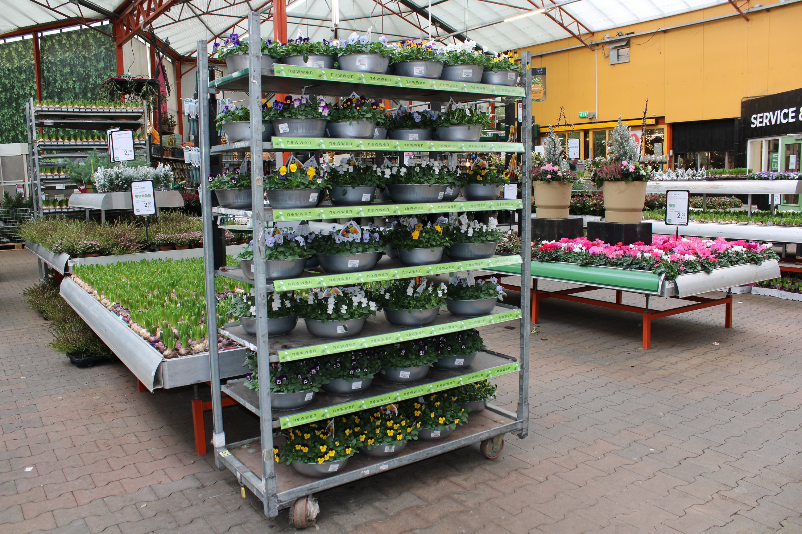Garden-center display cart fitted with green Newwen Cart Price Channels on every shelf