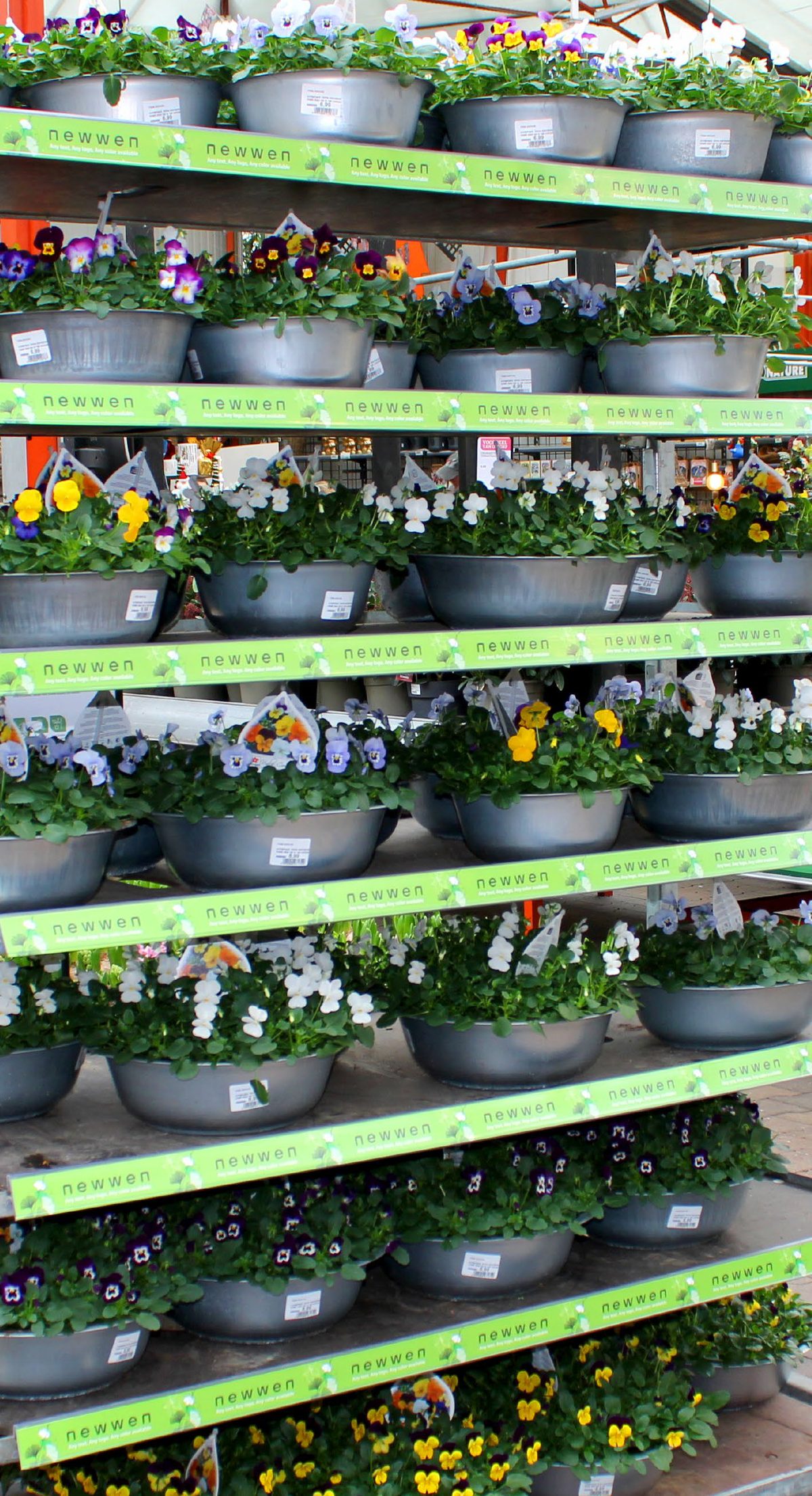 Garden-center display racks fitted with green Newwen Cart Price Channels