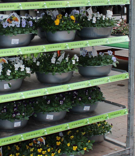 Plant display rack with Newwen Cart Price Channels holding branded price cards
